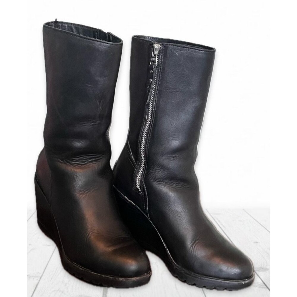 Sorel After Hours Mid Calf Waterproof Black Leather Wedge Boots Sz 7.5 - Picture 2 of 6